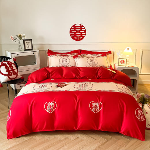 【婚喜斜纹磨毛印花四件套】结婚床上用品婚庆四件套大红色喜被新婚床单加厚床笠磨毛陪嫁被套 商品图6