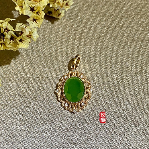 18K玫瑰金和田玉（碧玉）镶钻吊坠-锦荣/八面切割蛋面6*8mm/苹果绿 商品图4