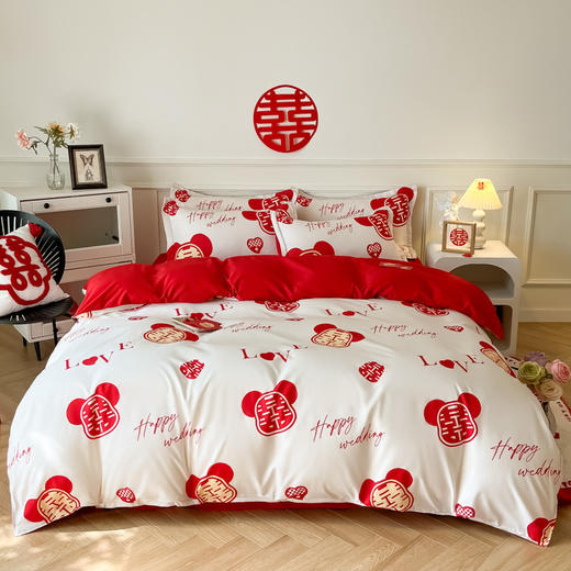 【婚喜斜纹磨毛印花四件套】结婚床上用品婚庆四件套大红色喜被新婚床单加厚床笠磨毛陪嫁被套 商品图12