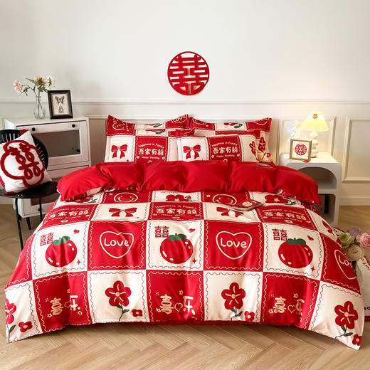 【婚喜斜纹磨毛印花四件套】结婚床上用品婚庆四件套大红色喜被新婚床单加厚床笠磨毛陪嫁被套 商品图8