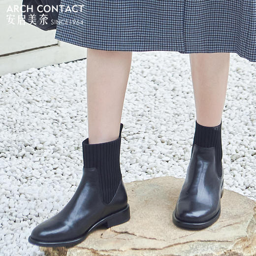 ARCHCONTACT安启美奈胎牛飞织圆头拼接女靴 商品图3