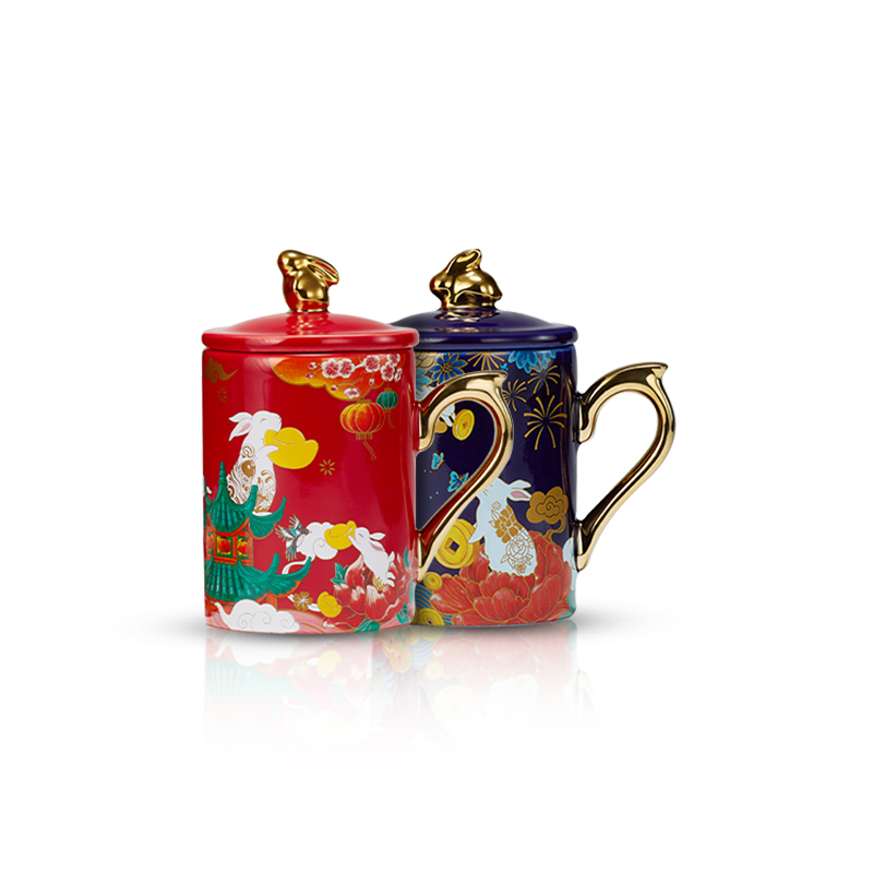 共禾京品周大福联名兔年生肖马克杯中国风情侣创意带盖茶杯礼盒装