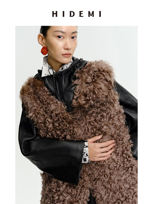 HIDEMI 西班牙皮毛一体咖啡色中长款廓形皮衣马甲 商品图3