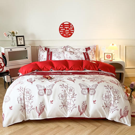 【婚喜斜纹磨毛印花四件套】结婚床上用品婚庆四件套大红色喜被新婚床单加厚床笠磨毛陪嫁被套 商品图7