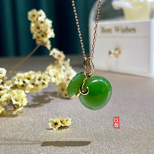 18K玫瑰金和田玉（碧玉）镶钻吊坠-福袋/袋型12*14mm/菠菜绿 商品图3