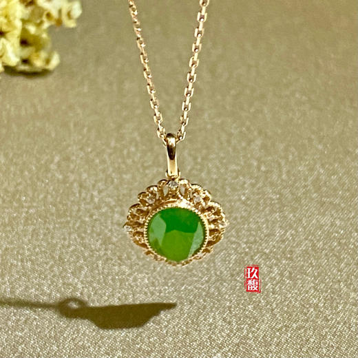 18K玫瑰金和田玉（碧玉）镶钻吊坠-锦荣/八面切割蛋面6*8mm/苹果绿 商品图3