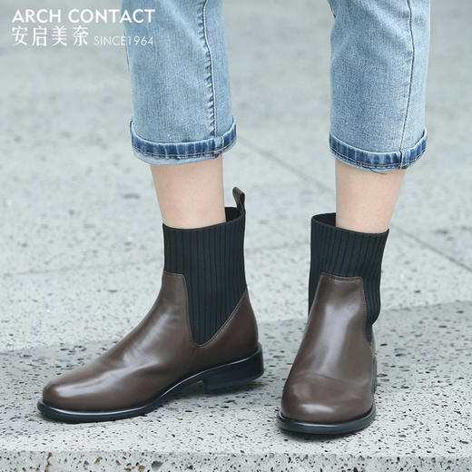 ARCHCONTACT安启美奈胎牛飞织圆头拼接女靴 商品图1