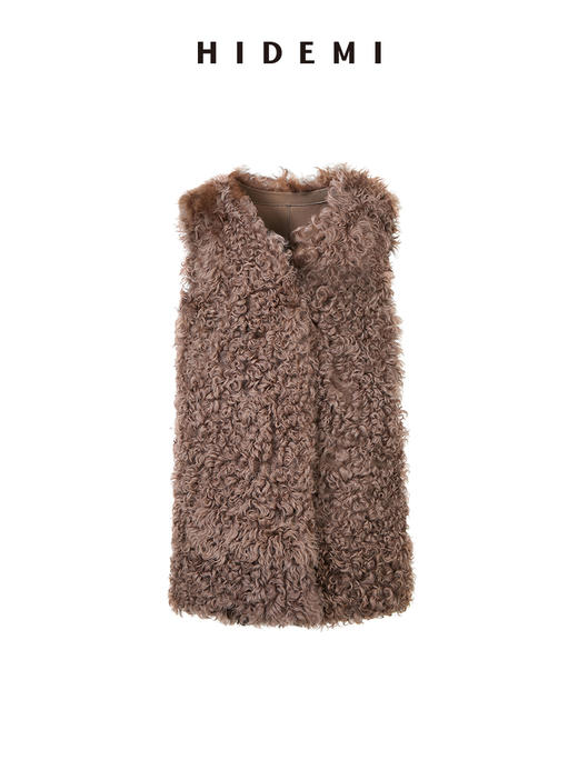 HIDEMI 西班牙皮毛一体咖啡色中长款廓形皮衣马甲 商品图8