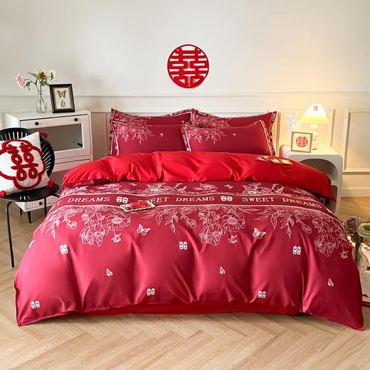 【婚喜斜纹磨毛印花四件套】结婚床上用品婚庆四件套大红色喜被新婚床单加厚床笠磨毛陪嫁被套 商品图13