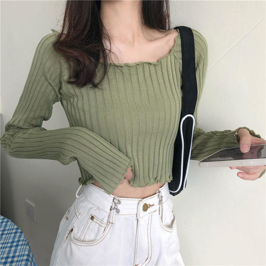 新款ins港风秋季新款上衣性感露肩锁骨针织衫女高腰短款露脐长袖T恤衫 商品图0