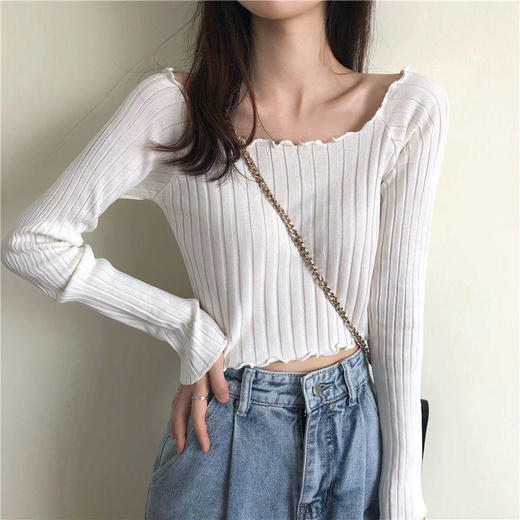 新款ins港风秋季新款上衣性感露肩锁骨针织衫女高腰短款露脐长袖T恤衫 商品图1
