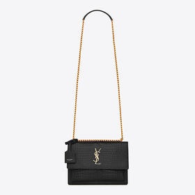 【三】SAINT LAURENT 圣罗兰 女士 SUNSET 中号鳄鱼纹压花闪亮皮革链条单肩包 黑色 442906 DND0J 1000