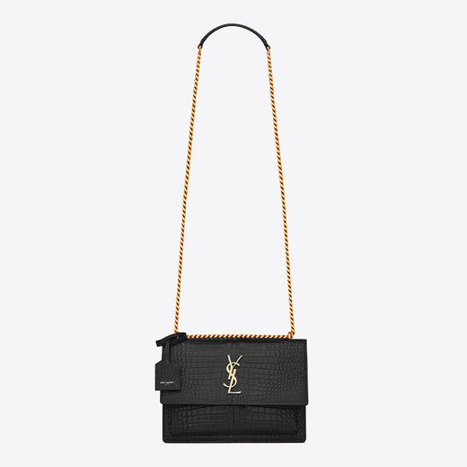 【三】SAINT LAURENT 圣罗兰 女士 SUNSET 中号鳄鱼纹压花闪亮皮革链条单肩包 黑色 442906 DND0J 1000 商品图0