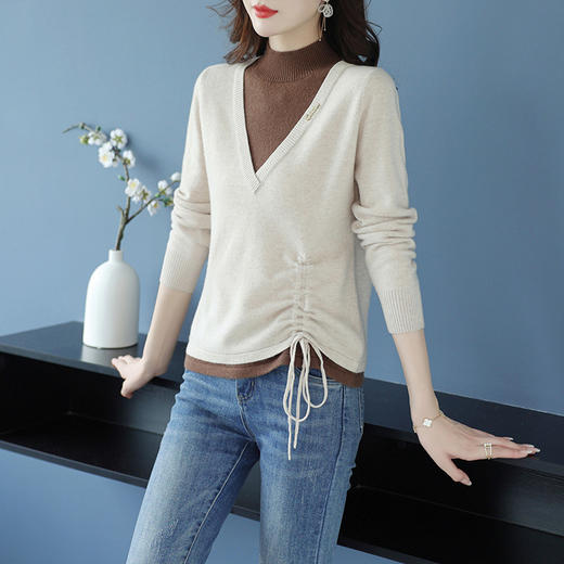 QY XX3025羊毛衫半高领修身显瘦拼接针织衫 商品图2