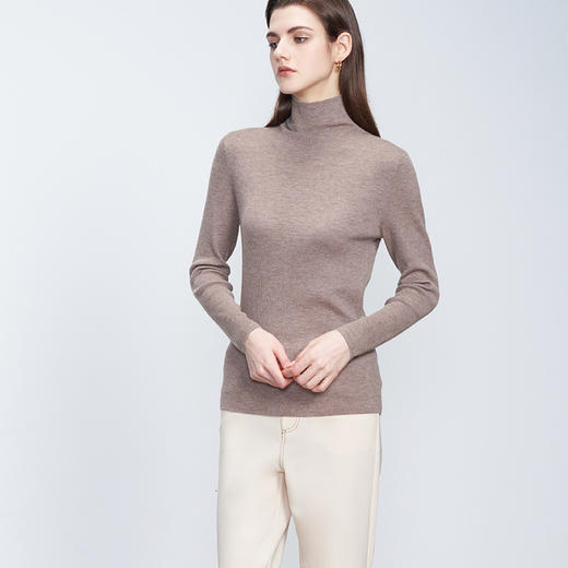 【高领抽条修身羊绒衫】羊绒世家秋冬新品女士长袖针织衫100%山羊绒精纺内搭保暖套头毛衣 商品图1