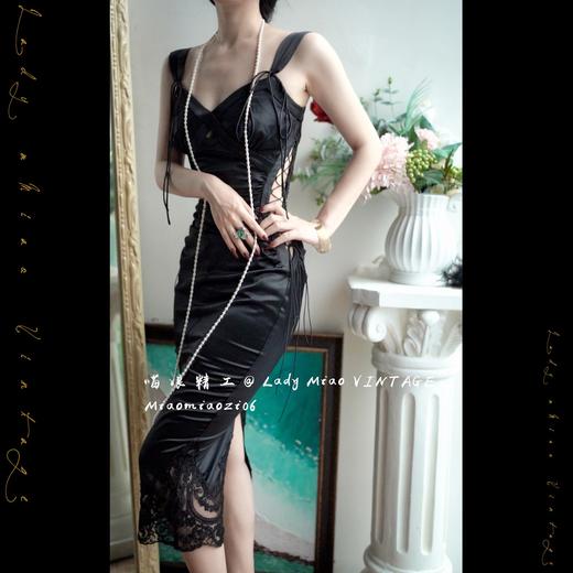 1303#【复团】喵娘精工丨定制《暮色之花》复古VTG抽绳收腰褶皱吊带缎面连衣裙 商品图0