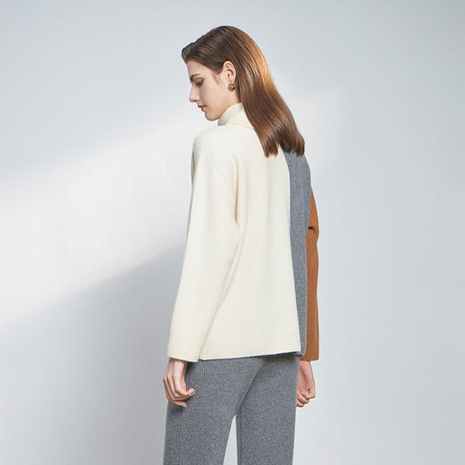 【不对称设计高领斗篷衫】羊绒世家22年秋冬新品撞色不对称设计100%山羊绒衫时尚慵懒风长袖宽松毛衣 商品图2