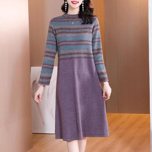 NYL-62380 针织连衣裙女2022秋冬新款时尚洋气立领拼接宽松毛衣打底裙中长裙 商品图2