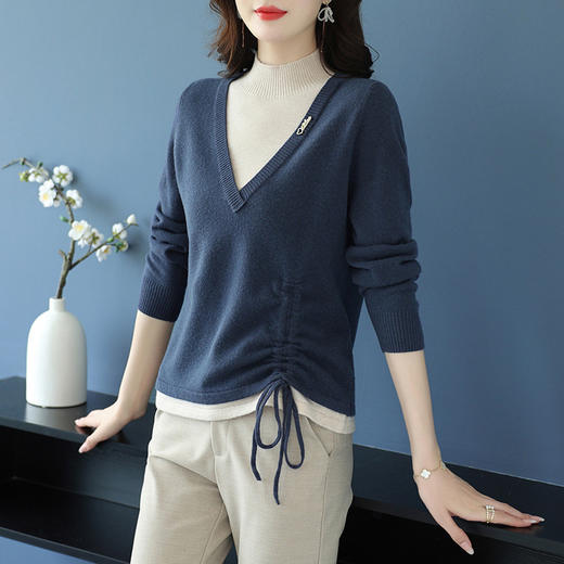 QY XX3025羊毛衫半高领修身显瘦拼接针织衫 商品图0