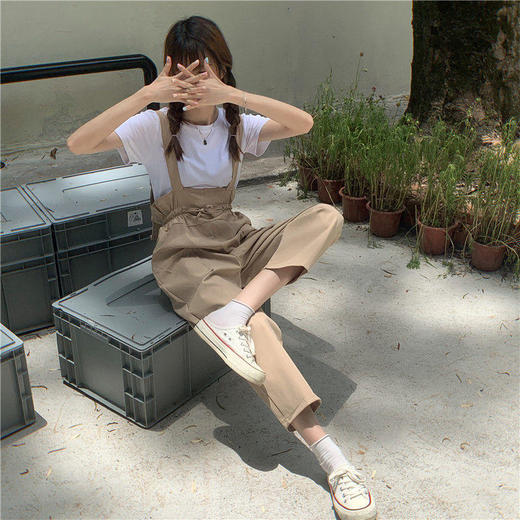 休闲连衣裤夏薄款欧洲站2021新款欧货假两件拼接工装收腰背带裤女 商品图0