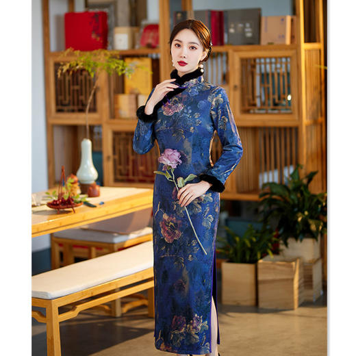 提花加厚加绒长款毛领旗袍2022冬季新款复古中国风长袖旗袍GX-588215 商品图2