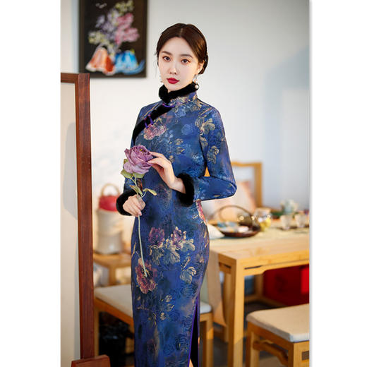 提花加厚加绒长款毛领旗袍2022冬季新款复古中国风长袖旗袍GX-588215 商品图3