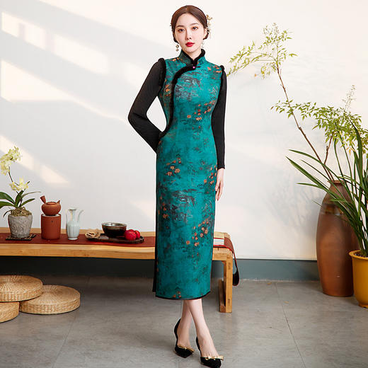 冬季加厚加绒长款旗袍澳绒复合真绒长袖保暖连衣裙GSJ-8501 商品图0