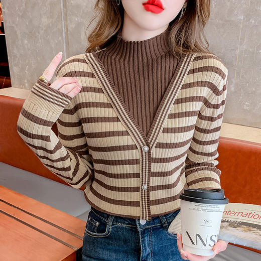 FTD-1956 条纹半高领假两件针织打底衫女秋冬2022新款内搭毛衣上衣 商品图2