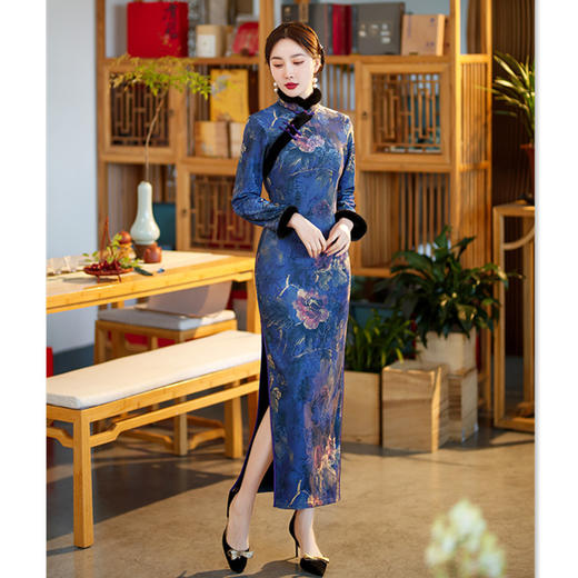 提花加厚加绒长款毛领旗袍2022冬季新款复古中国风长袖旗袍GX-588215 商品图0