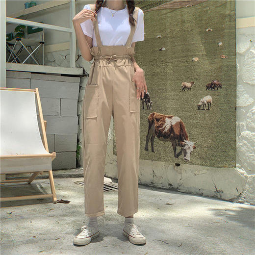 休闲连衣裤夏薄款欧洲站2021新款欧货假两件拼接工装收腰背带裤女 商品图4