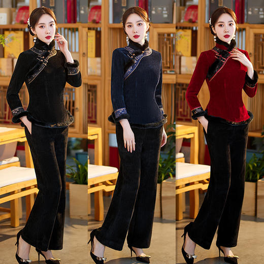 雪尼尔加厚加绒毛领旗袍上衣套装时尚改良旗袍裙GX 商品图0