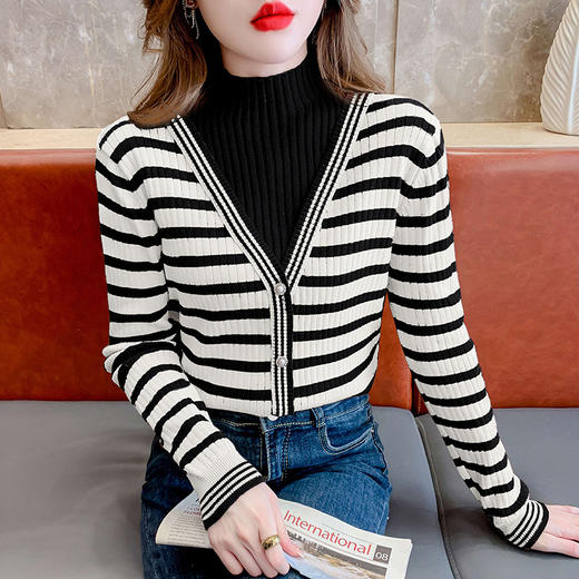 FTD-1956 条纹半高领假两件针织打底衫女秋冬2022新款内搭毛衣上衣 商品图3