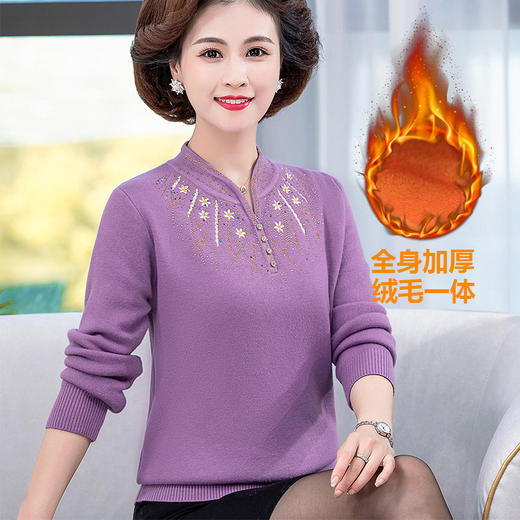 ML003-315 妈妈冬装红色毛衣洋气加绒上衣2022新款中老年女一体绒加厚打底衫 商品图2