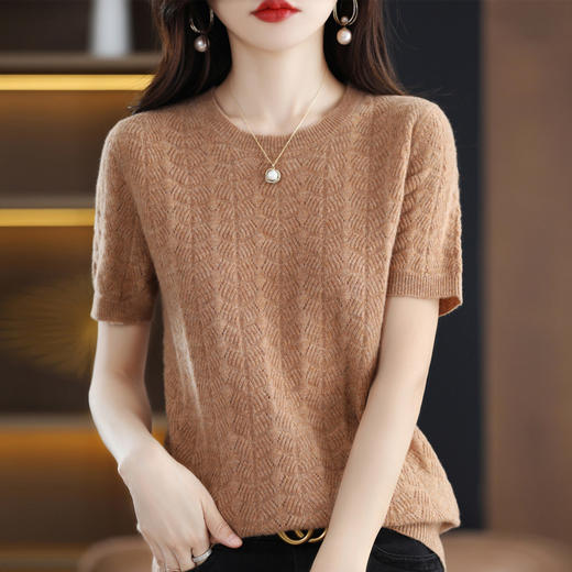 QHJY-JYDX22030秋冬新款镂空提花短袖羊毛衫女澳洲美丽奴羊毛针织衫半袖毛衣 商品图6