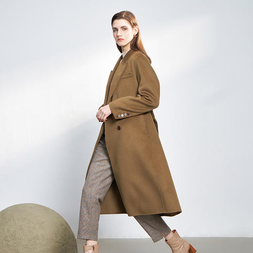 【双排扣中长款羊毛大衣】22年秋冬新品纯色简约毛呢外套系带收腰毛呢大衣 商品图2
