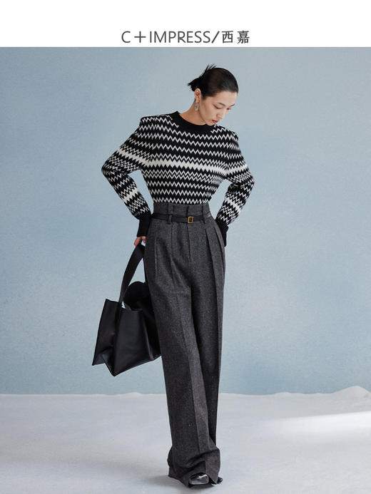 西嘉C+IMPRESS/西嘉m1u秀场式时髦双腰袢 定纺羊毛高腰藏肉阔腿休闲裤 商品图2