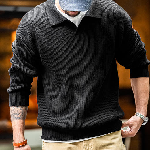 【复古腔调 竖织显瘦法则】竖织坑条纹-复古翻领针织衫 商品图4