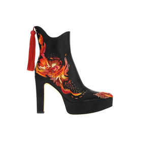 sheme 彝族《火之舞》系列原创文化设计真皮女鞋手工刺绣加烫钻优雅厚水台短靴可定制