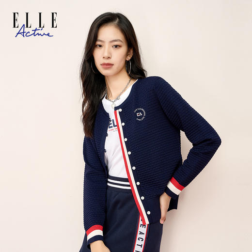 ELLE Active秋季女装时尚短款开衫外套针织衫上衣休闲圆领毛衣女 商品图2