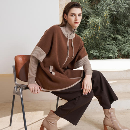 【纯羊绒高领斗篷外套】羊绒世家22年秋冬新品100%山羊绒蝙蝠衫外套 商品图0