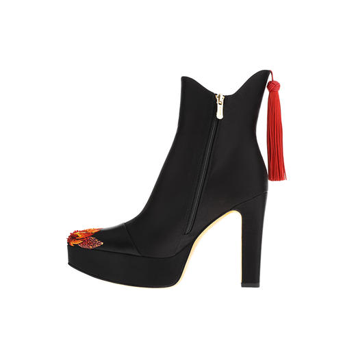 sheme 彝族《火之舞》系列原创文化设计真皮女鞋手工刺绣加烫钻优雅厚水台短靴可定制 商品图1