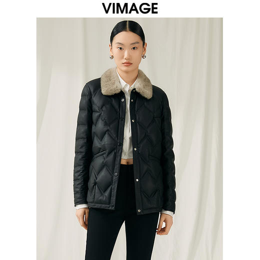 VIMAGE纬漫纪冬季新款皮羽绒服白鹅绒气质修身羽绒服外套V1893413 商品图5