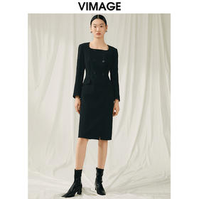 VIMAGE纬漫纪秋季新款V领气质大方显瘦长裙连衣裙V1807442