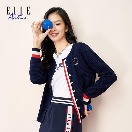 ELLE Active秋季女装时尚短款开衫外套针织衫上衣休闲圆领毛衣女 商品图1