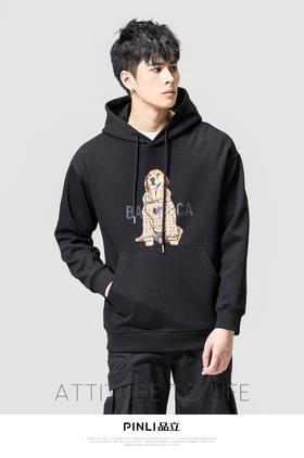 PINLI品立2022秋冬新款纯色烫画连帽套头卫衣男长袖休闲百搭上衣BG223209025