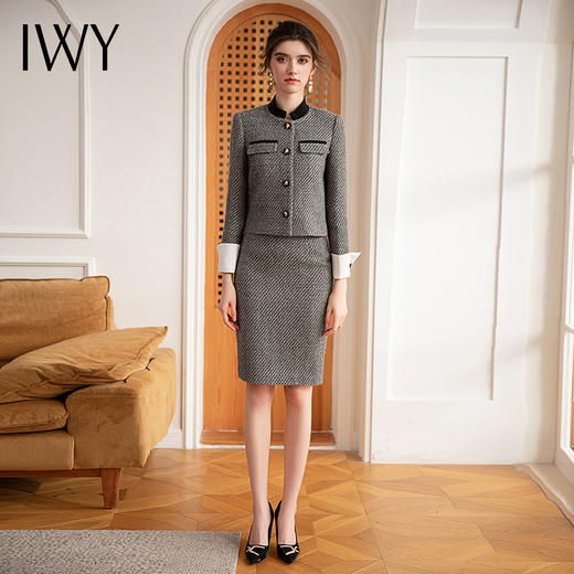 IWY/名媛范小香风套装裙女羊毛编织短外套格纹小西装两件套CS1669 商品图1