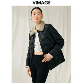 VIMAGE纬漫纪冬季新款皮羽绒服白鹅绒气质修身羽绒服外套V1893413