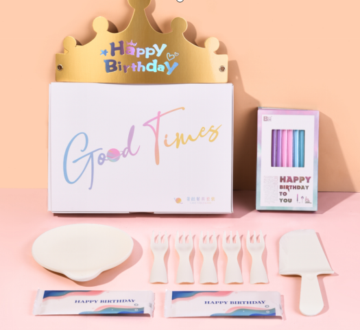 Good times纸盒生日蛋糕刀叉盘帽子湿巾蜡烛组合套盒 高档餐具组合一次性塑料刀叉餐具