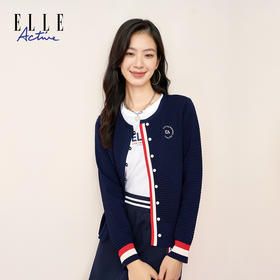 ELLE Active秋季女装时尚短款开衫外套针织衫上衣休闲圆领毛衣女