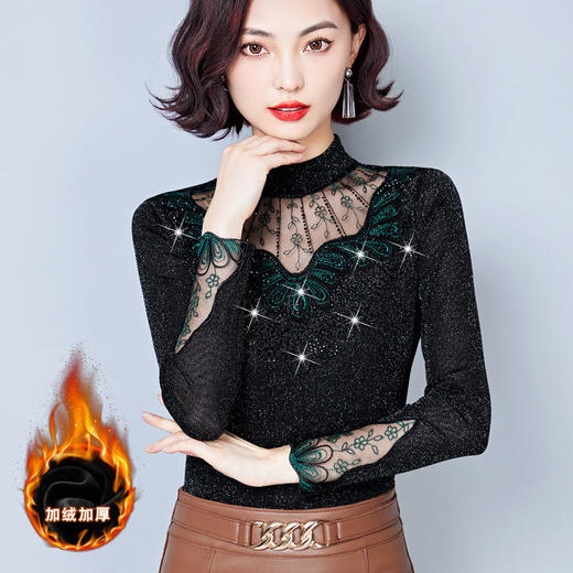 KQL E261N2190蕾丝打底衫网纱烫钻小衫保暖上衣 商品图3